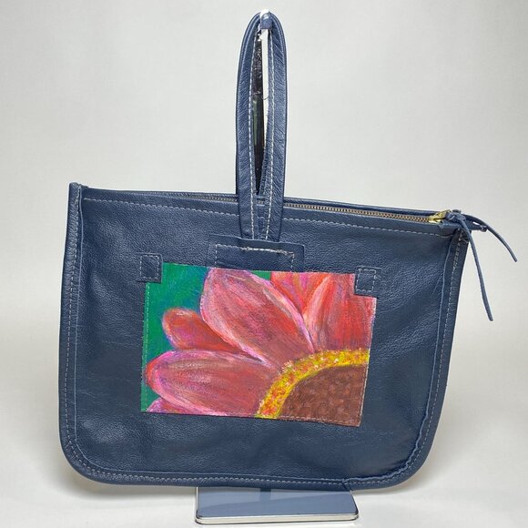 Handmade Blue Leather Purse Tote Bag Painted Flower Design Double Handles - Picture 1 of 7